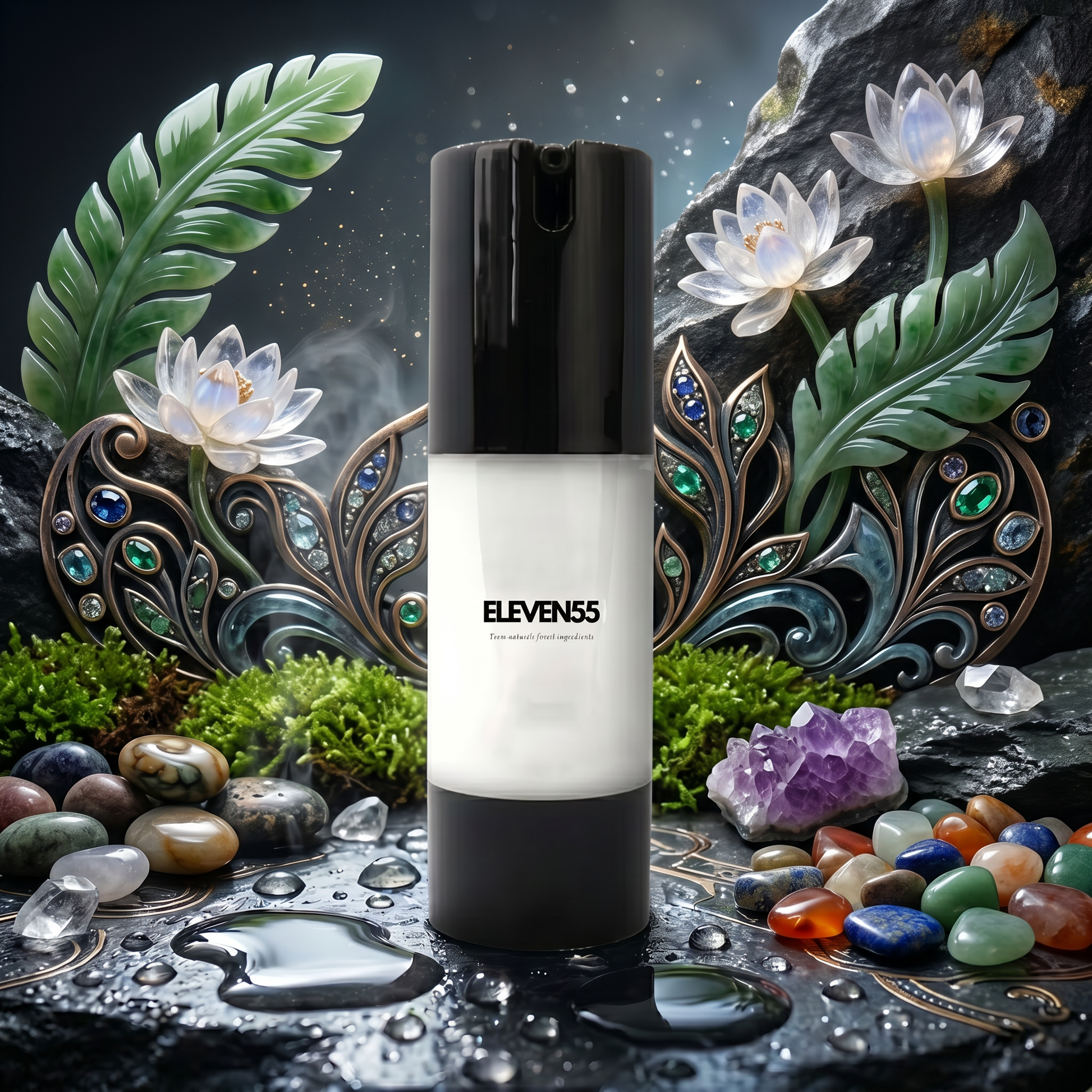 A cylindrical skincare bottle with a black top and bottom and a frosted white middle section, labeled 'ELEVENS5', centered against a highly stylized fantasy background of lotus flowers, green leaves, crystals, and polished stones.